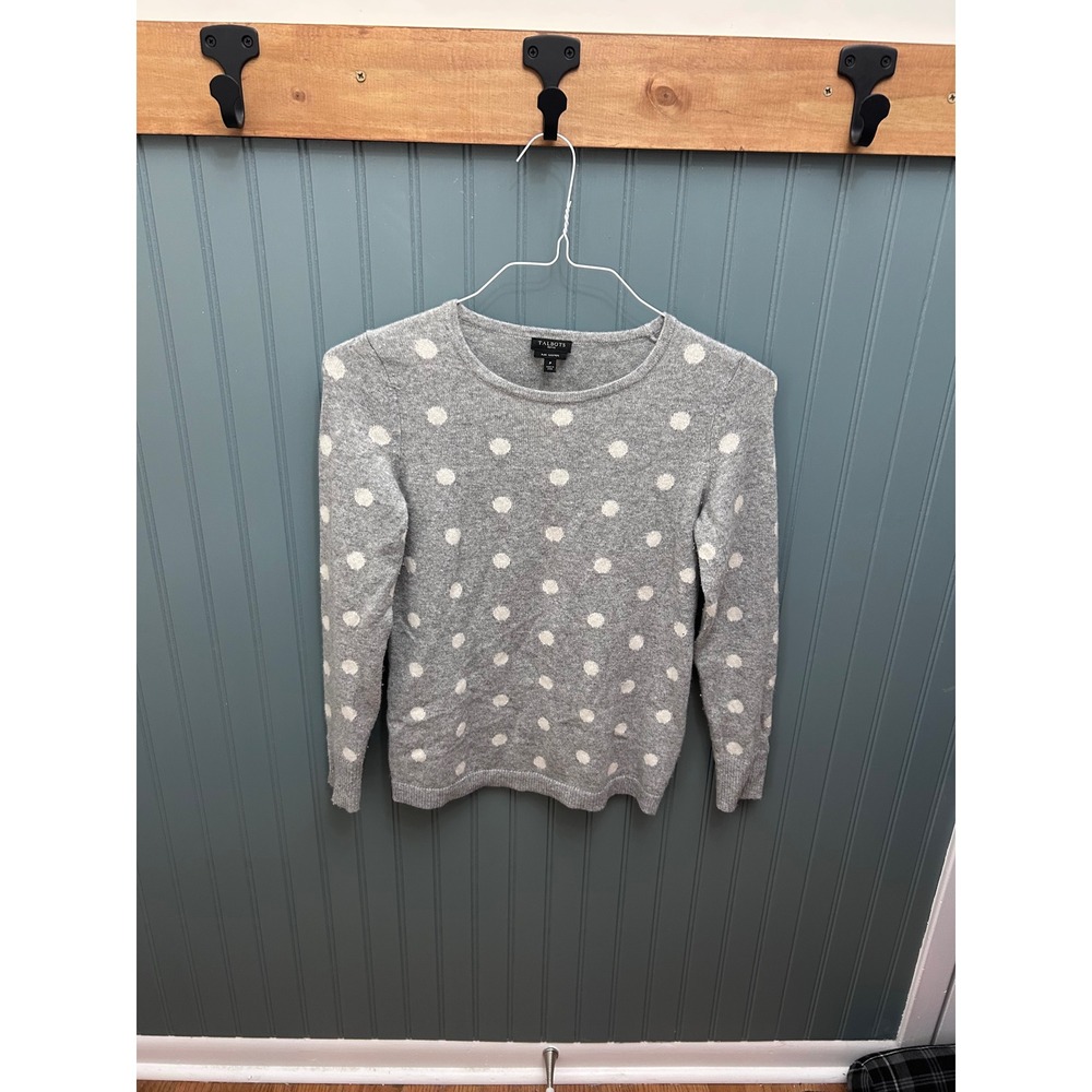 Talbots Petite Pure Cashmere Sweater Grey White Polka Dot Crew Neck Size P